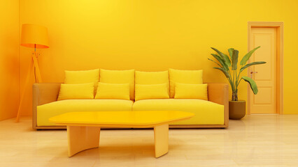 Minimalist yellow living room with yellow sofa and plant. 3D rendering