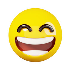 Smile emoji with closed eyes and open mouth. Yellow face smiling emoji. Popular chat elements. Trending emoticon. 3D Render Illustration