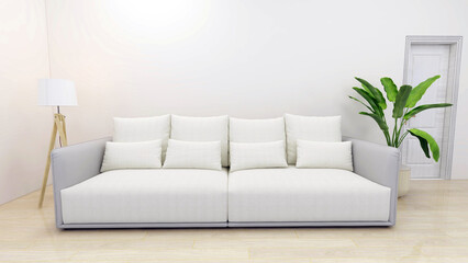 Minimalist living room with white sofa and plant. 3D rendering