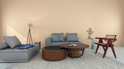 A modern living room with pastel color and wooden table. 3D rendering