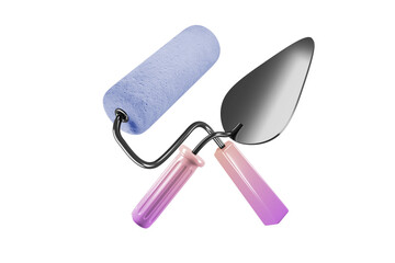 Paint roller and trowel 3d render.