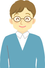 イラスト素材：目を細めてニッコリ笑う眼鏡をかけた若い男性の上半身（透過背景）
