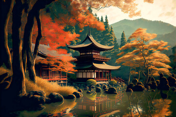 japanese landscape, painting, nature, shrine temple, background, digital illustration