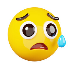 Sad emoji with tear. Yellow face crying emoji. Popular chat elements. Trending emoticon. 3D Render Illustration