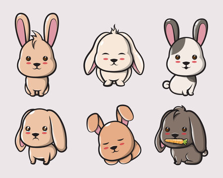 Cartoon vector icon set of cute rabbits illustration isolated vector animal activity icon concept.