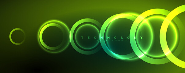 Neon glowing circles and round shape lines, magic energy space light concept, abstract background wallpaper design