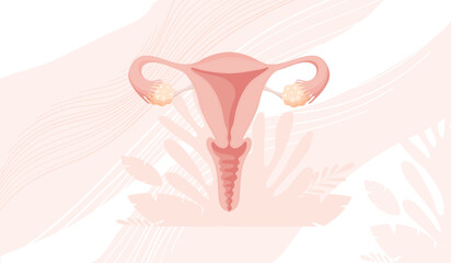 Banner with uterus, template with copy space about women s health, menstruation or conception. Vector template with place for text, flat design.