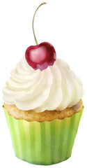 Watercolor cupcake with cherry on top isolated on transparency background. Hand drawn watercolor object illustration
