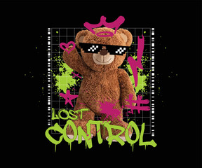 Custom vertical slats with your photo lost control custom typography with a happy teddy bear illustration in graffiti style, for streetwear and urban style t-shirts design, hoodies, etc.