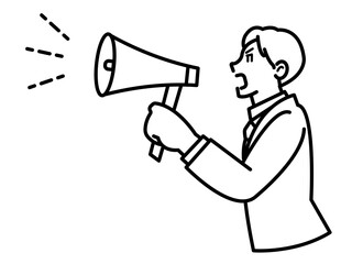Fototapeta premium 拡声器を使って叫ぶビジネスマンのイラスト 線画のみ