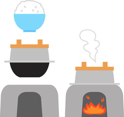 かまど炊飯のデフォルメイラスト
