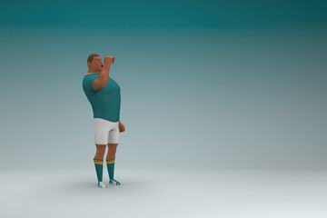 Obraz premium An athlete wearing a green shirt and white pants is expression of hand when talking. 3d rendering of cartoon character in acting.