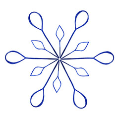 Hand Drawn Christmas Snowfkake Isolated on White Background. New Year Illustration Drawn by Colored Pencil. Blue Snowflake. Winter Symbol of Christmas, xmas.