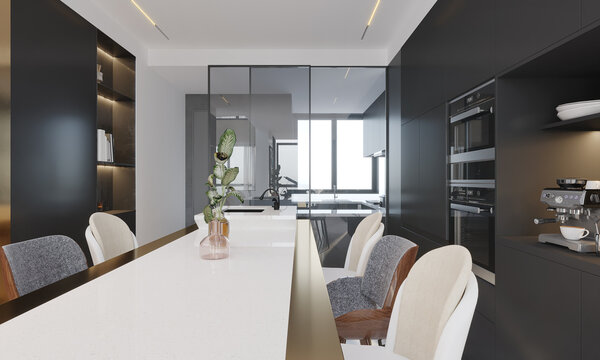 Modern Dining and kitchen interior with dining table and chairs.3D illustration