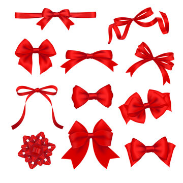 Set of realistic red satin ribbon bows