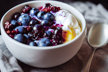At breakfast time in the morning, a healthy blueberry yogurt bowl is embellished with dried cranberries, and the warm sun shines down, creating a relaxing and peaceful atmosphere. positive energy.