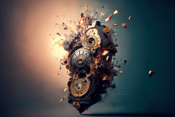 Time machine explodes, wall clock exploding, generative art