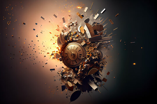 Time machine, explodes, wall clock exploding, generative art