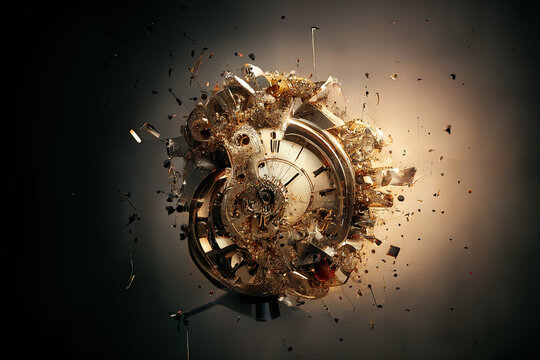 Time machine, steampunk,explodes, wall clock exploding, generative art