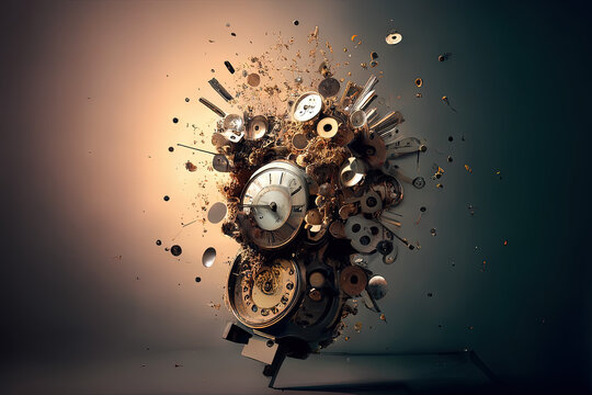 Time machine, steampunk,explodes, wall clock exploding, generative art