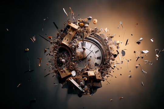 Time machine, steampunk,explodes, wall clock exploding, generative art