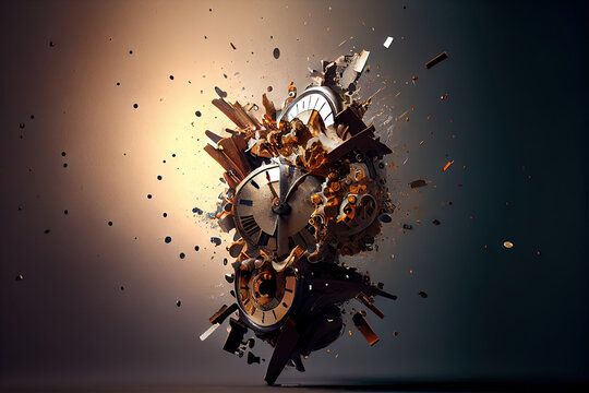 Time machine, steampunk,explodes, wall clock exploding, generative art