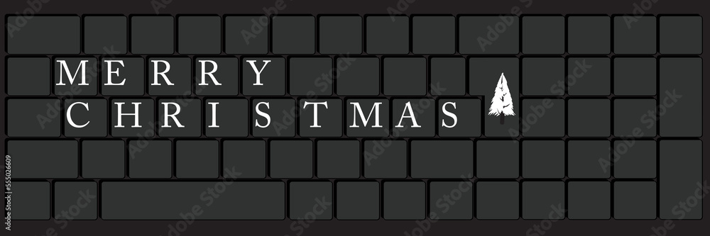 Poster computer keyboard with merry christmas text. close-up of an electronic computer device part, keypad.