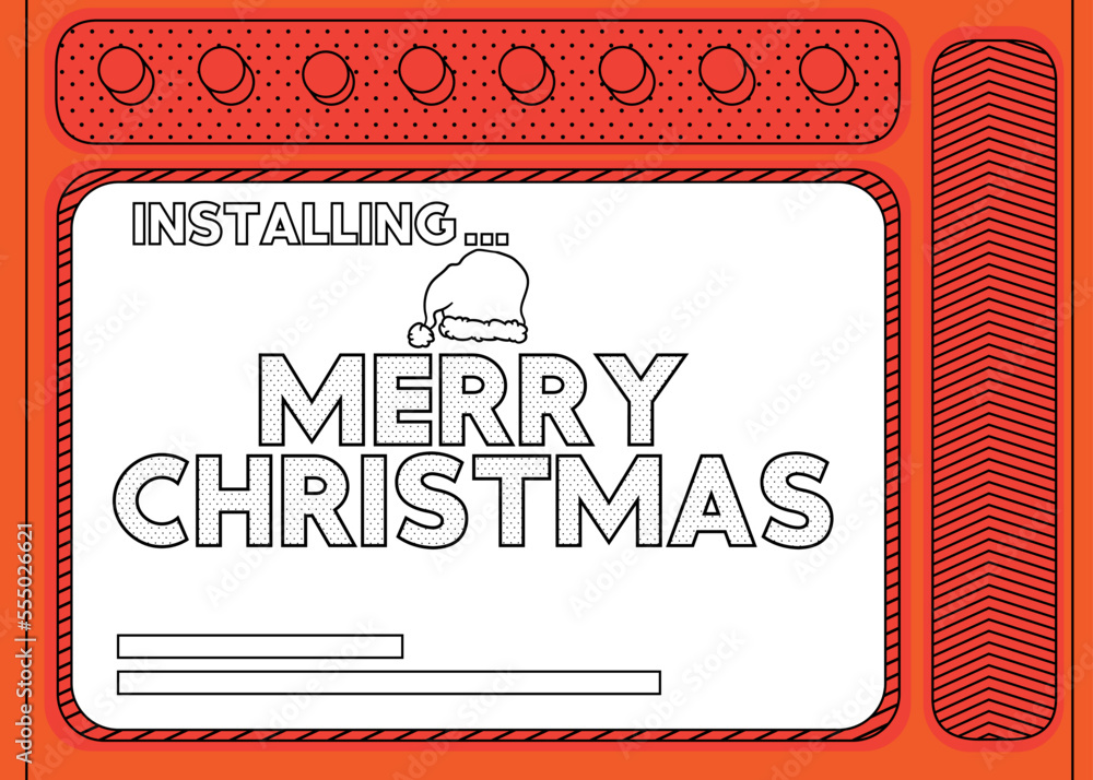 Poster cartoon computer with the word merry christmas. message of a screen displaying an installation windo