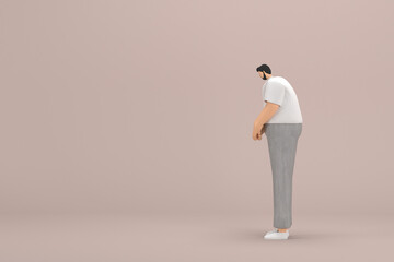 The man with beard wearinggray corduroy pants and white collar t-shirt. He is expression  of hand when talking. 3d rendering of cartoon character in acting.