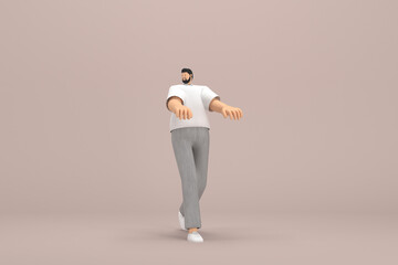 The man with beard wearinggray corduroy pants and white collar t-shirt. He is expression  of hand when talking. 3d rendering of cartoon character in acting.