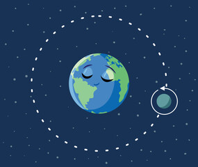 Fototapeta na wymiar Moon Satellite Rotation around Planet Earth Vector Cartoon illustration. The formation of day and night and in educational graphic explanation 
