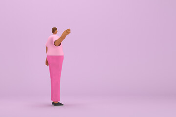 The black man with pink clothes.  He is expression  of body and hand when talking. 3d rendering of cartoon character in acting.