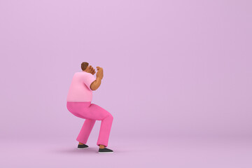 Fototapeta na wymiar The black man with pink clothes. He is expression of body and hand when talking. 3d rendering of cartoon character in acting.