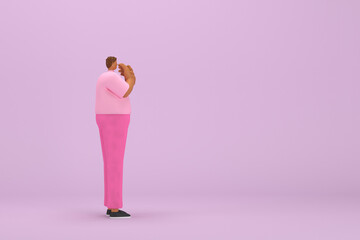 The black man with pink clothes.  He is expression  of body and hand when talking. 3d rendering of cartoon character in acting.