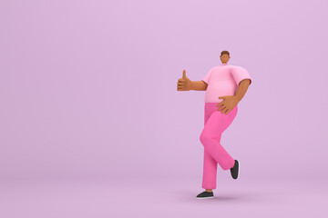 Fototapeta na wymiar The black man with pink clothes. He is expression of body and hand when talking. 3d rendering of cartoon character in acting.