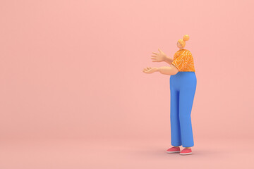 The woman with golden hair tied in a bun wearing blue corduroy pants and Orange T-shirt with white stripes.  She is expression  of hand when talking. 3d rendering of cartoon character in acting.