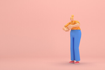 The woman with golden hair tied in a bun wearing blue corduroy pants and Orange T-shirt with white stripes.  She is expression  of hand when talking. 3d rendering of cartoon character in acting.