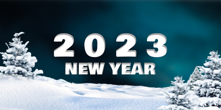 
Wallpaper New Year 2023, with a landscape of snow and pine trees