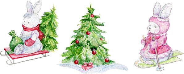 Cute, funny Watercolor characters in winter hats, scarves, mittens. Hares with on skis und on s sleigh, christmas tree with balls in cartoon style isolated on white background. Chinese New Year 2023. 