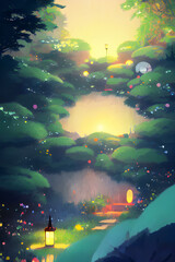 Fototapeta na wymiar Evening Peaceful Pond in a Japanese Garden - Anime-Inspired Illustration 