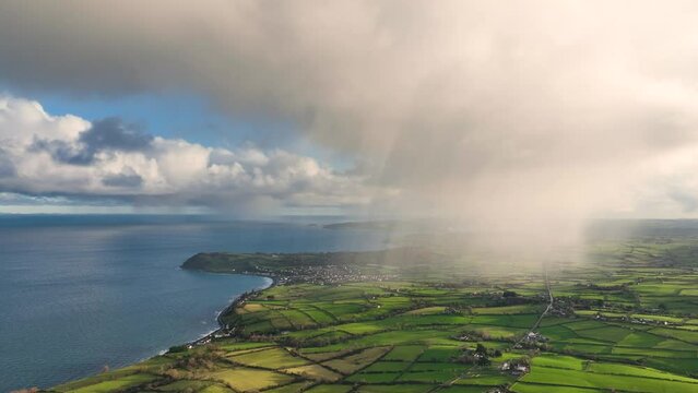 Aerial view of clouds over Ballygally on the Co Antrim coastline Northern Ireland