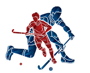 Obraz premium Group of Field Hockey Sport Male Players Mix Action Cartoon Graphic Vector