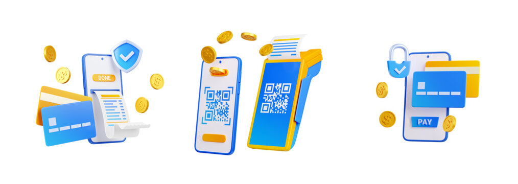 3d render pos terminal, paper check bill and plastic card. Mobile app for contactless payment, electronic device for safe wireless nfc bank money transactions, Illustration in cartoon plastic style