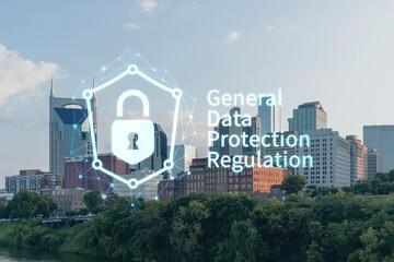 Panoramic skyline view of Broadway district of Nashville over Cumberland River at day time, Tennessee, USA. GDPR hologram, concept of data protection regulation and privacy for all individuals in EU