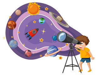Boy observing planets with telescope