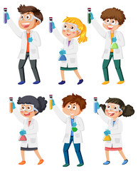 Set of different kids in scientist outfits