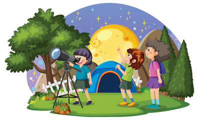 Obraz na płótnie Canvas Outdoor scene with kids observing night sky