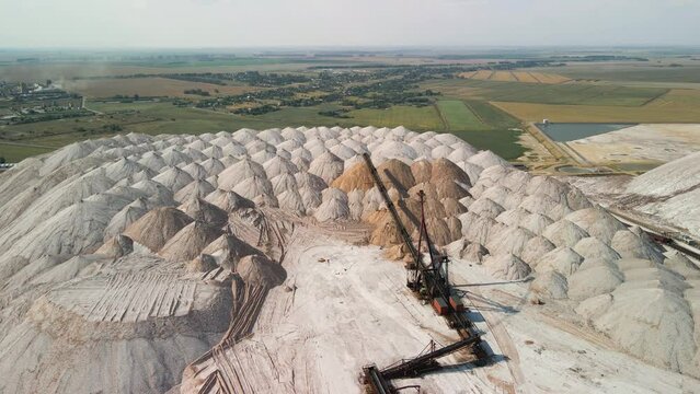 Salt mountains Aerial drone shot in Soligorsk, Belarus