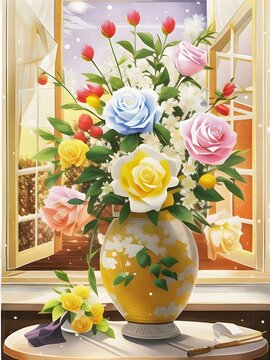 Bouquet of flowers. Creative Painting of flowers and leaves in a vase by the window. beautiful illustration of flowers.