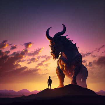 A man and a minotaur in the distance created with generative AI technology